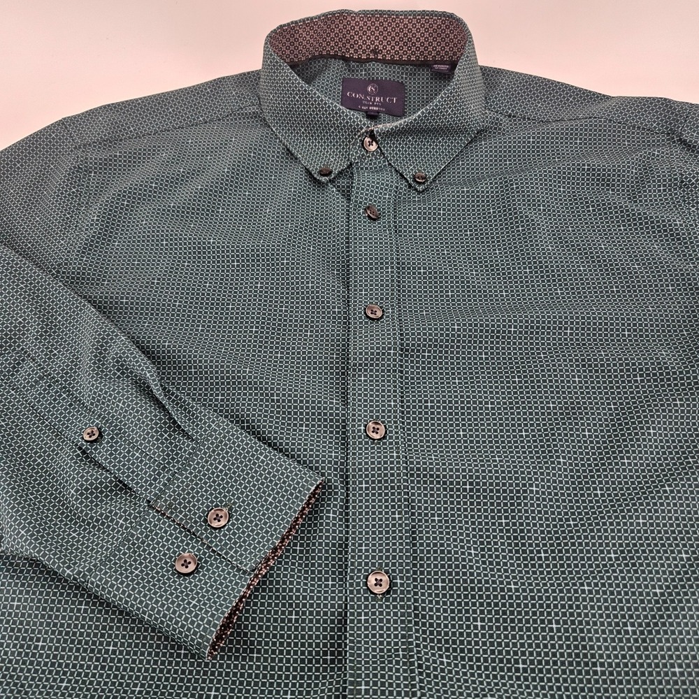 Con.Struct Mens Large Slim Fit Green Pattern Button Down Shirt 4 Way Stretch